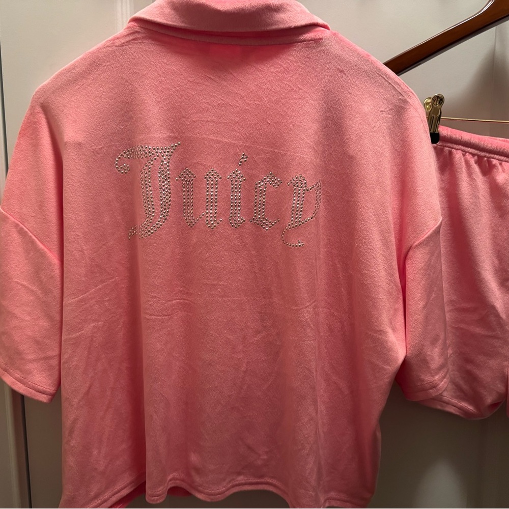 NWT 2 Piece Juicy Couture Pink Velour Rhinestone Bling Shorts Pajama Set - Picture 6 of 16